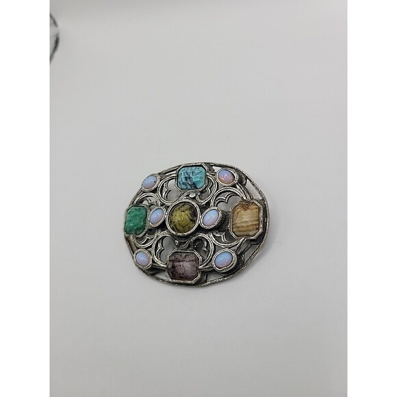 Vintage Miracle Scottish Celtic Brooch Faux Agate Opal Glass Stones Silver tone - Picture 9 of 13